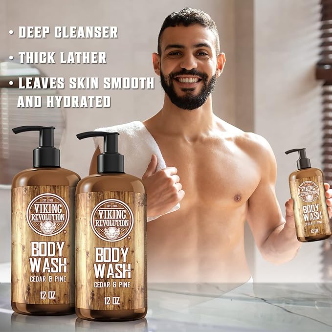 Viking Revolution Men's Body Wash - Cedar and Pine Oil Body Wash for Men - Mens Natural Body Wash with Vitamin E and Oregano Oil - Mens Shower Gel Liquid Soap - Cedar Oil Mens Bodywash (2 Pack, 12oz)
