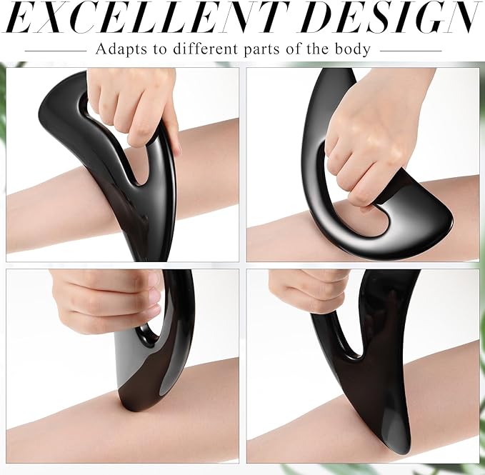 BBTO 2 Pcs Body Gua Sha Tool Large Resin Scraping Tools with Handle for Back, Neck, Face, Leg - Lymphatic Drainage, Cellulite Removal, Muscle Relief(Black)