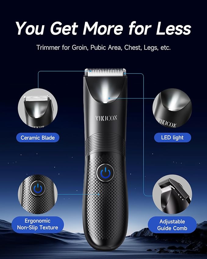 VIKICON Manscape Trimmer for Men - No Nicks Electric Razor-Shaver for Balls/Pubic/Groin/Legs/Chest Hair Removal w/Light & Ceramic Blade, IPX7 Waterproof Body Groomer USB-C Charging, Gifts for Him Dad