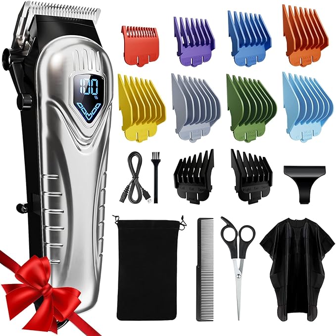 Professional Hair Clippers for Men&Women, Low Noise Hair Cutting Kit with 10 Color Combs, LED Display, Gifts for Men, 5H Cordless Clippers and Trimmers Set with Scissors,Cape