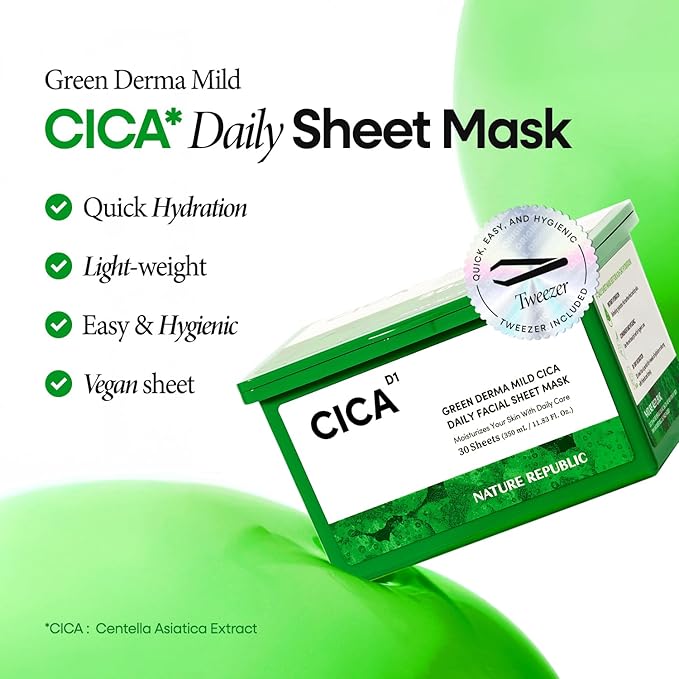 Nature Republic Cica Daily Face Mask (30 vegan sheets) Propolis Extract & Centella Asiatica Bulk Facial spa Mask for Moisturizing & Hydrating Glow, korean beauty skin care for all skin types