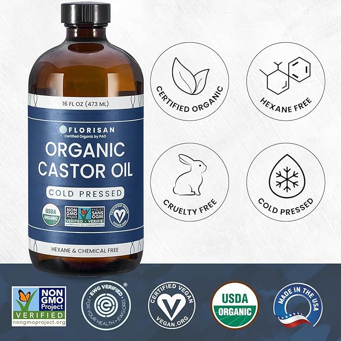 Florisan Organic Castor Oil 16oz Glass Bottle, Cold Pressed, Hexane-Free, Non-GMO, 100% Pure Castor Oil for Hair Growth, Skin, Lashes, Eyebrows, EWG Verified & USDA Organic Certified