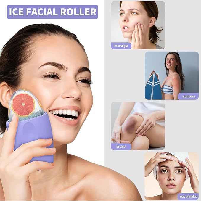 Ice Roller for Face and Eye Massager for Face, Eyes and Neck Naturally Conditioning and Skin Care,De-Puff Eye Bags,Reduce Migraine Pain,Reusable Massage Silicone Ice Mold (Purple)