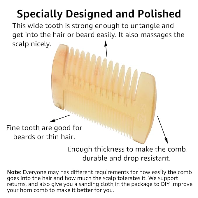 Untreated 4.3 inch Real Ox Horn Curly Hair Beard Mustache Comb, Handmade Fine Wide Tooth Double Sided Small Pocket Travel, Anti-static Detangling Massage Scalp Gua sha for Women Men