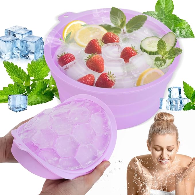 Face Bowl for Ice Silicone Facial Bowls with Built - in Tray Foldable Washbasin for Face Tub Plunge & Cold Plunge Quick Skin Cooling in Ice Baths -Bath Spa Tool for Home Camping Travel & Purple
