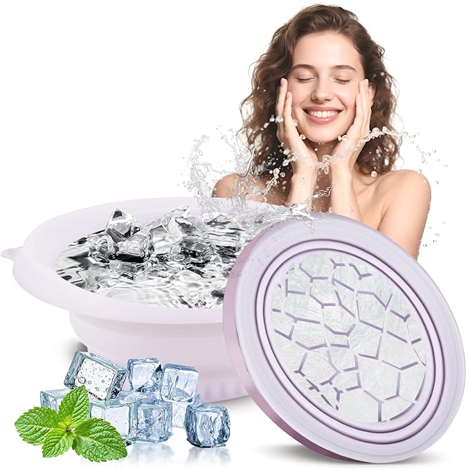 Foldable Silicone Facial Ice Bath Bowl, Ice Face Bowl with Built-in Ice Tray - for Cold Immersion Therapy, Skin Tightening and Acne Relief - Portable Cold Therapy Tool for Home and Travel (Purple)