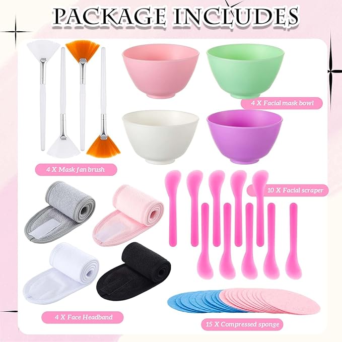 37 Pcs Face Mask Mixing Bowl Set for Esthetician Supplies Tool Kit with Facial Mask Bowl Stick Spatula Soft Brushes Wet Puff Headband Clay Applicator Tools