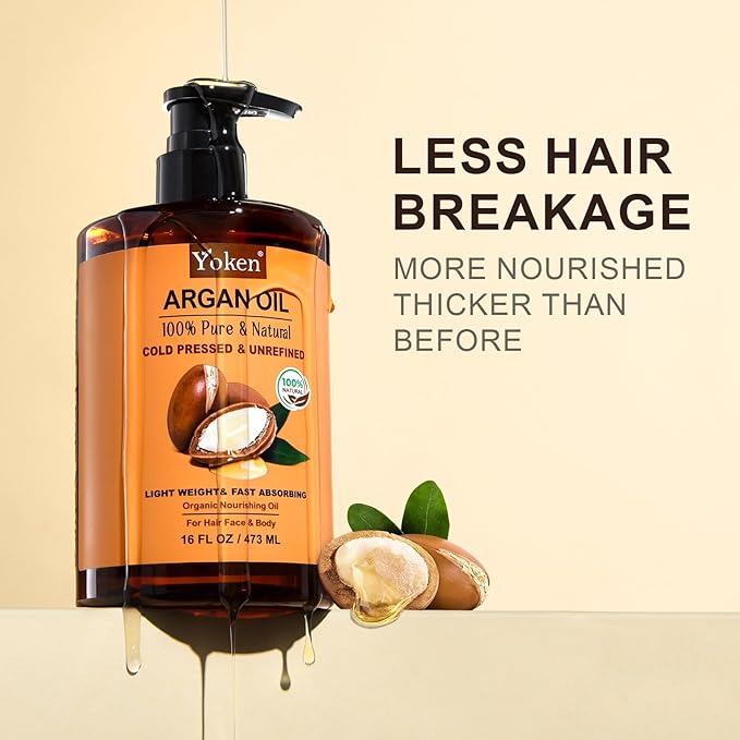 Yoken Argan Oil for Hair, Pure and Natural Morocco Argan Oil, Argon Oil For Hair, Scalp, Face & Skin Care, 100% Cold Pressed Hair Conditioner, Unrefined Argon Nails Carrier Oil (16 Fl Oz)