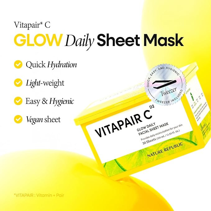 Nature Republic Vitapair C Glow Face Mask (30 vegan sheets) Niacinamide & Centella Asiatica Extract Bulk Facial spa Mask for Moisturizing & Hydrating Glow, korean beauty skin care for all skin types