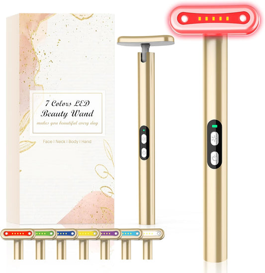Red-Light-Therapy-Wand-for-Face, 7 Colors LED Light Therapy Wand Eye Facial Red & Blue Rejuvenation Tool, Face Massager, Golden