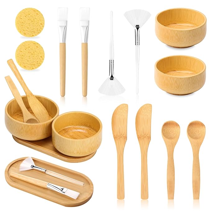 14 Pcs Bamboo Esthetician Supplies 2 Face Mask Mixing Bowls 2 Fan Brushes Esthetician 2 Flat Facial Brushes 2 Mask Spatulas 2 Facial Cream Spoons 2 Skincare Trays 2 Round Compressed Facial Sponges