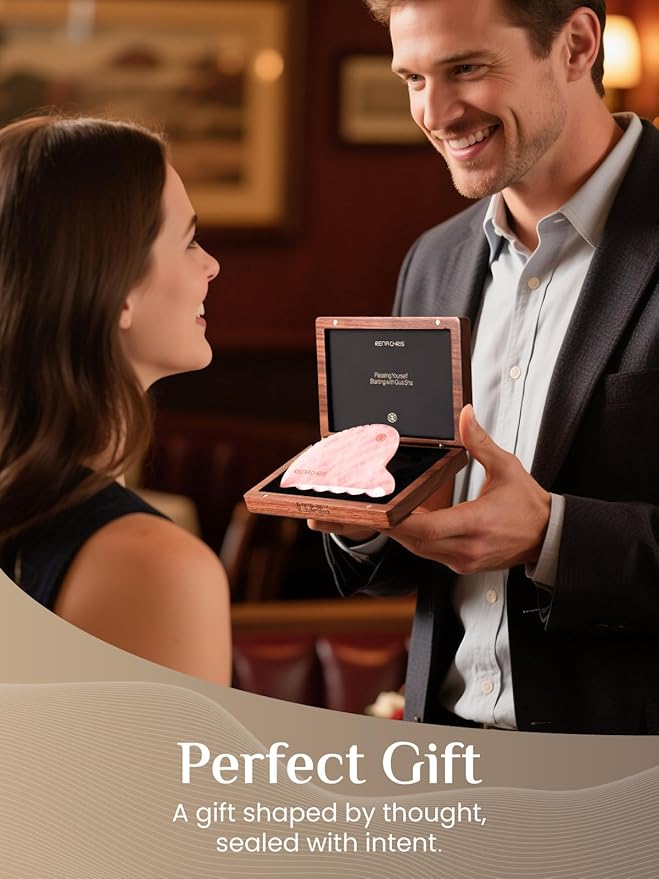 Rena Chris Gua Sha Facial Tool, Natural Rose Quartz Stone Body Gua sha with Exquisite Wooden Box, Large Guasha Suitable for Face Lifting, Puffiness Reducing and Whole-Body Massage, Skin Care Massager