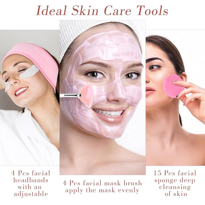 Esthetician Facial Supplies Set: 4 Silicone Bowls, 4 Headbands, 15 Compressed Sponges, 10 Spatulas, 4 Mask Fan Brushes