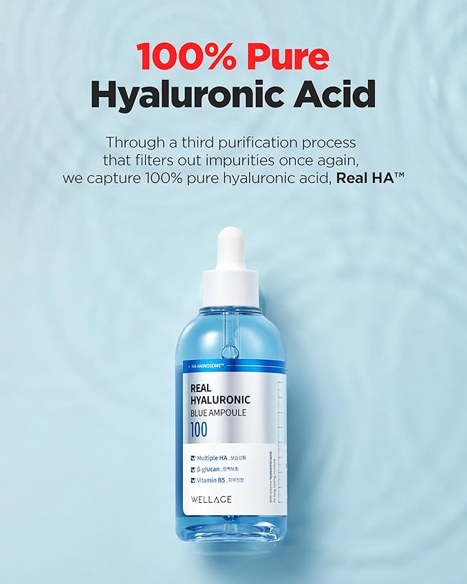 WELLAGE Real Hyaluronic Blue Ampoule 100, Fragrance Free Hyaluronic Acid Ampoule, Hydrating Non Sticky Serum for Sensitive Dry Skin, 2.54 fl.oz