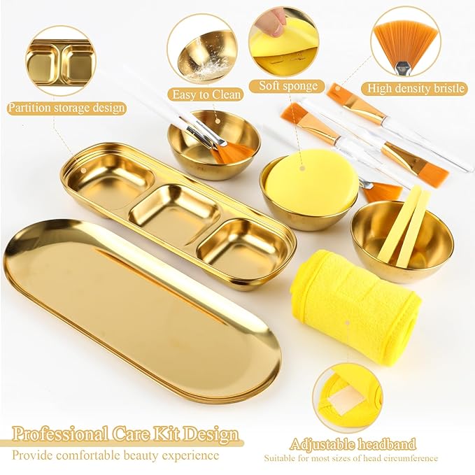 26 Pcs Esthetician Supplies 3 Gold Mixing Bowls Gold Small Serving Tray 3 Compartment Serving Tray 3 Facial Fan Brushes 3 Face Mask Applicator Brush 12 Facial Sponge Compressed Round 3 Hair Band