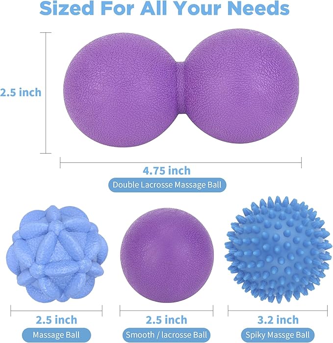 Massage Ball Set for Trigger Point Release - Peanut, Spiky & Lacrosse Balls - Deep Tissue Massage Therapy - Set of 4 (Purple)