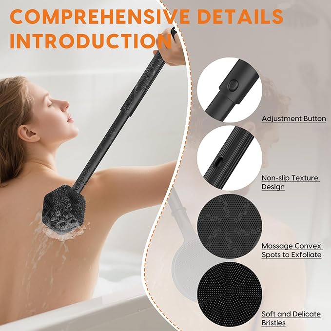 VWMYQ Silicone Back Scrubber for Shower, 24in Adjustable Handle Body Brush, Double Sided Shower Brush for Shower Exfoliating and Massage Can Produce Rich Foam, Long Handle Back Scrubber for Men