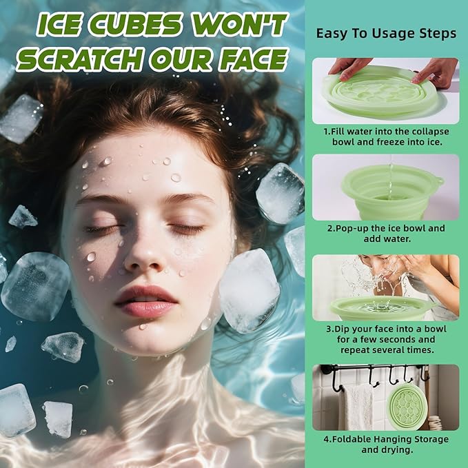 Face Bowl for Ice with Built-in Icetray, Silicone Ice Facial Folding Washbasin, Facial Plunge Bowl, Face Icebath at Home (Green)