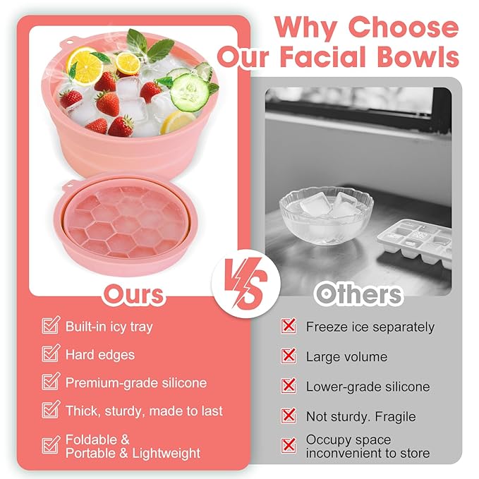 Face Bowl for Ice Silicone Facial Bowls with Built - in Tray Foldable Washbasin for Face Tub Plunge & Cold Plunge Quick Skin Cooling in Ice Baths -Bath Spa Tool for Home Camping Travel & Pink