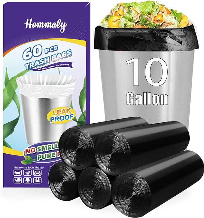 10 Gallon 60pcs Black Trash Bags Strong Black Garbage Bags, Bathroom Trash Can Bin Liners, Plastic Bags for Office Home Kitchen, Waste Basket Liner, Fit 30 Liter, 10 Gal(10G60-Black)