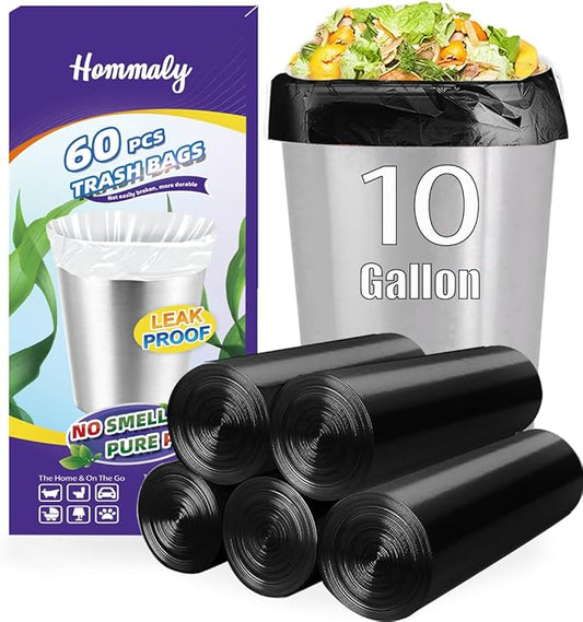 10 Gallon 60pcs Black Trash Bags Strong Black Garbage Bags, Bathroom Trash Can Bin Liners, Plastic Bags for Office Home Kitchen, Waste Basket Liner, Fit 30 Liter, 10 Gal(10G60-Black)