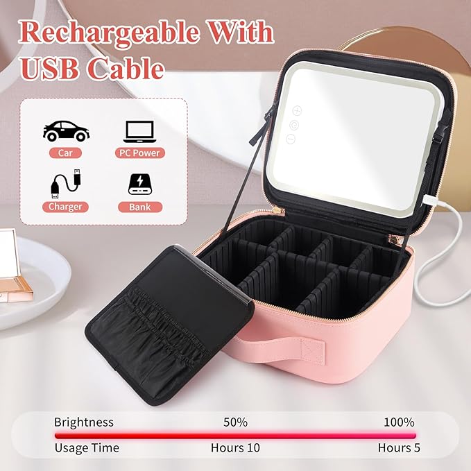 Travel makeup bag with led