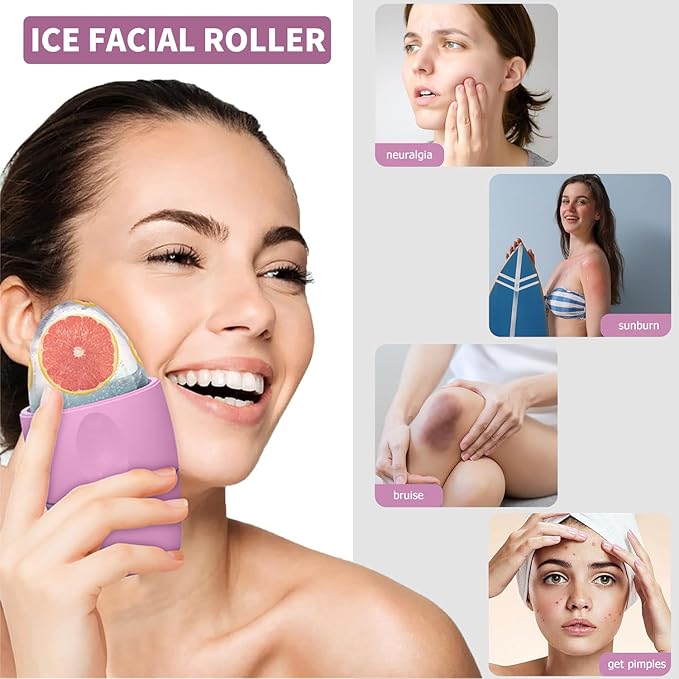 Ice Roller for Face and Eye Massager for Face, Eyes and Neck Naturally Conditioning and Skin Care,De-Puff Eye Bags,Reduce Migraine Pain,Reusable Massage Silicone Ice Mold (Pink)