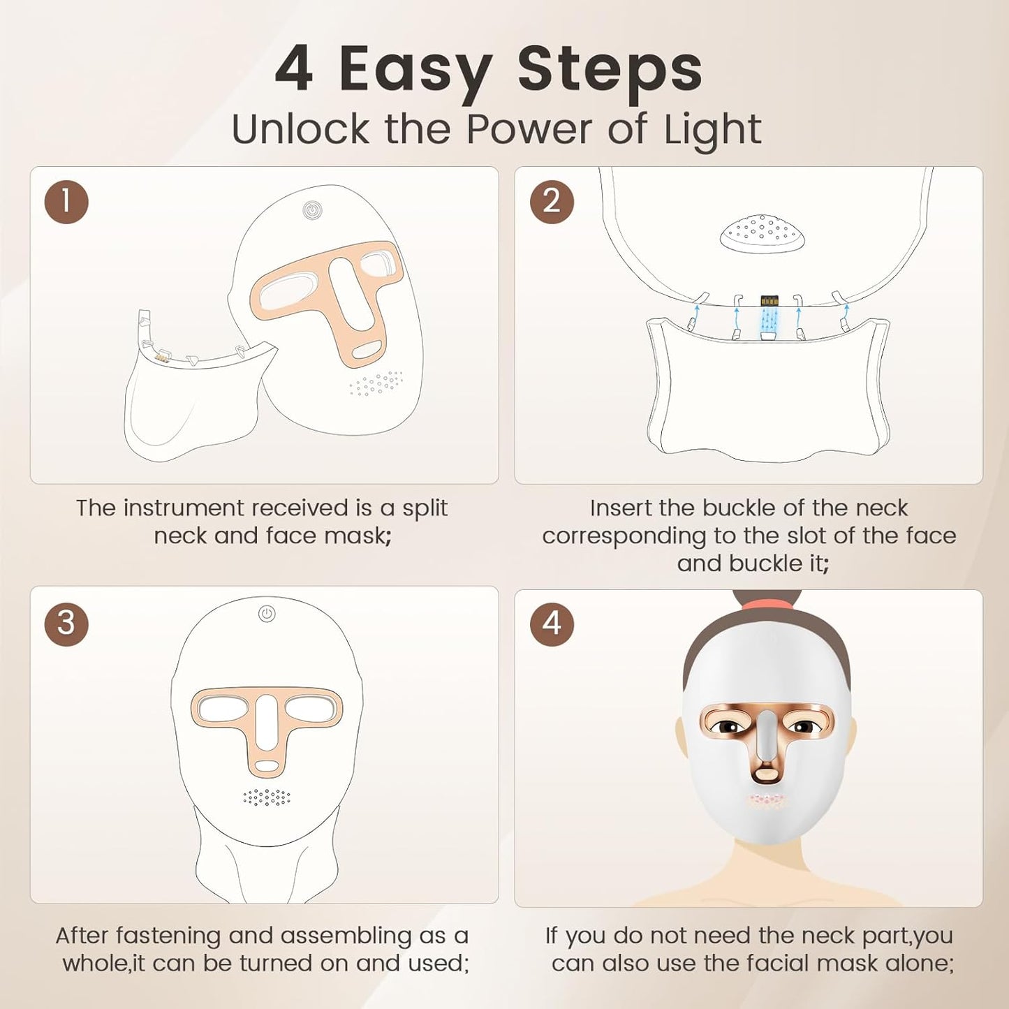 Red Light Therapy Mask for Face & Neck, LED Face Light Therapy,USB C Rechargeable,Infrared Mask for Home Working Travel Yoga (White Gold)