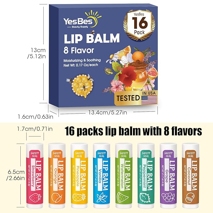 16 Pack Lip Balm, Natural Lip Flavors