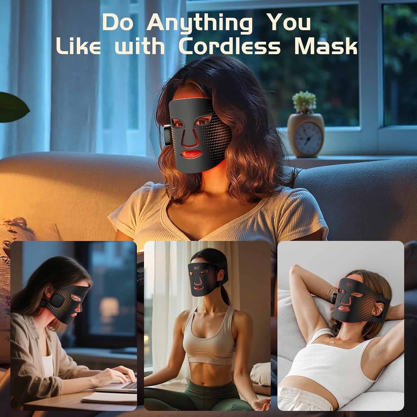 BNU Wireless Led Face Mask Light Therapy, 3 Modes Red Light Therapy for Face with 400 LED Beads, Dual 1000mAh Remote Control, 850NM Infrared Red Light Therapy for Anti-Aging at Home & Travel