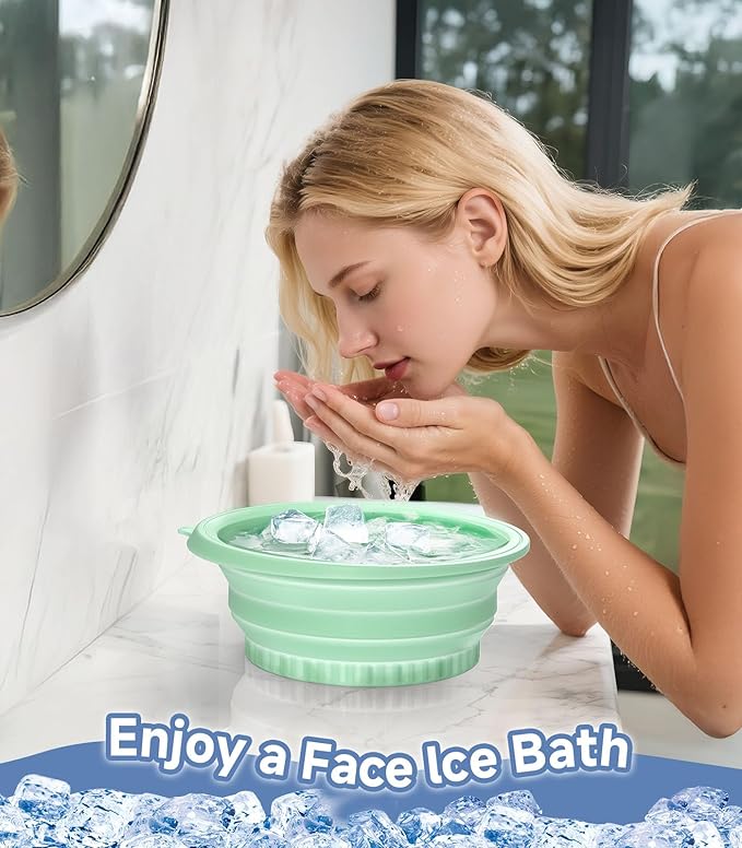 Face Bowl for Ice with Built-in Ice Tray – Collapsible Silicone Facial Ice Bath Bowl for Cold Plunge Therapy, Skin Tightening & Acne Relief – Portable Spa Tool for Home & Travel（Green