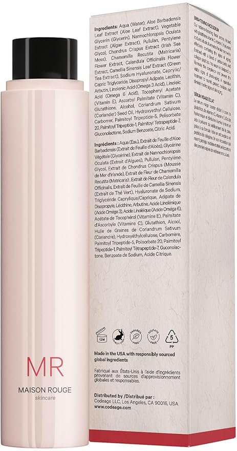 Maison Rouge Brightening Face Serum Refill by Codeage – Glutathione, Vitamin C, E, Hyaluronic Acid & Collagen – Radiance & Antioxidant Support – Paraben-Free – For All Skin Types – 1.7 fl oz
