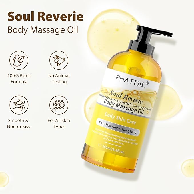 260ML YlangYlang Body Massage Oil for with Clary Sage and Rose Oil, Large Bottle Body & Facial Oil for Nourishing Skin, Muscle, Scented Body Oil for After Shower(8.8FL.OZ)