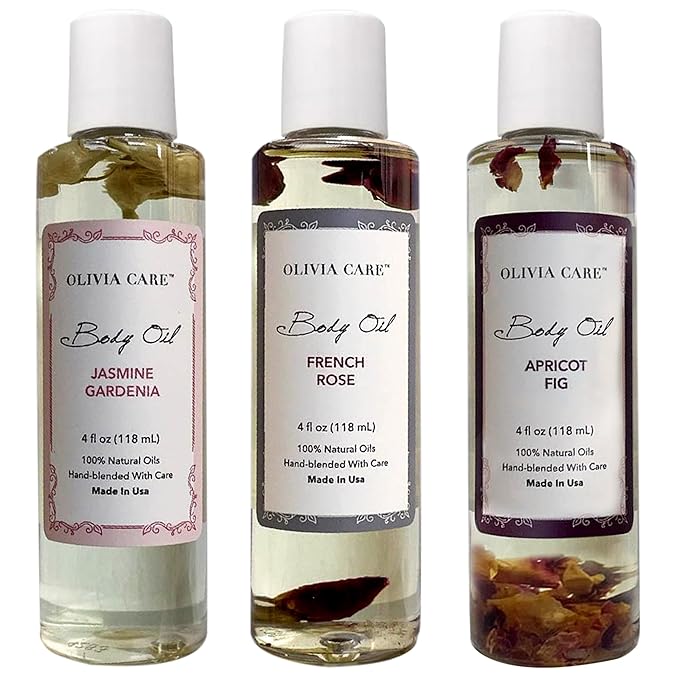 Olivia Care 3 Pack Body Oils: Apricot Fig, French Rose, Jasmine Gardenia - Natural Perfume Oils For Women & After Bath Oils Body Moisturizers, Rich in Vitamin E, K, & Omega (3 Scents)