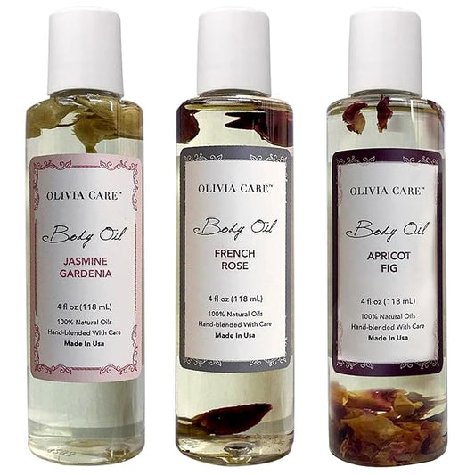 Olivia Care 3 Pack Body Oils: Apricot Fig, French Rose, Jasmine Gardenia - Natural Perfume Oils For Women & After Bath Oils Body Moisturizers, Rich in Vitamin E, K, & Omega (3 Scents)