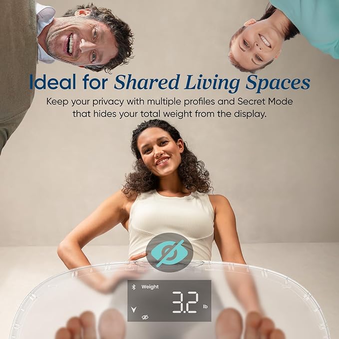 Etekcity Smart Rechargeable Scale for Body Weight, BMI, Fat, Muscle Mass, Digital Bathroom Scale with 13 Metrics, Secret Mode, Bluetooth Connect to Free Apps, Stealth Black