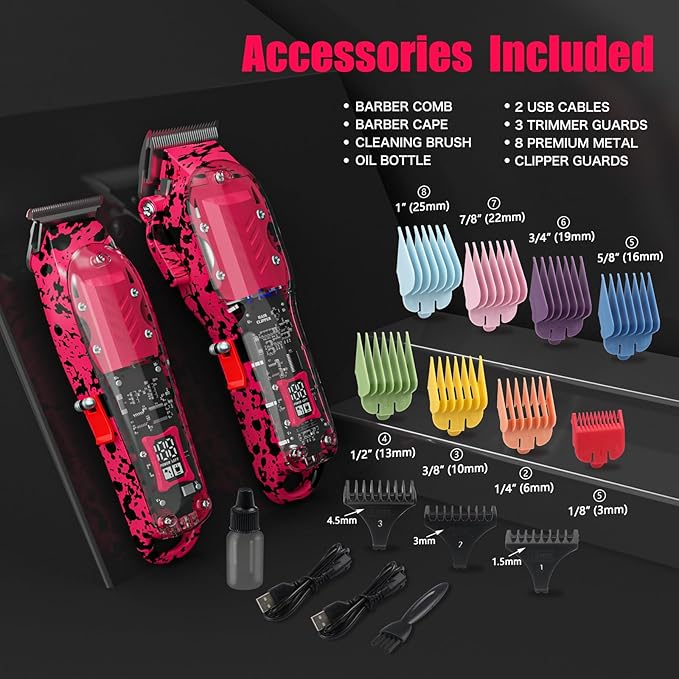 Professional Hair Clippers for Men, Cordless Barber kit for Hair Cutting & Grooming, Pink Hair Clippers and Trimmer Set for Barber Haircut with LED Display, 8 Fade Taper Combs