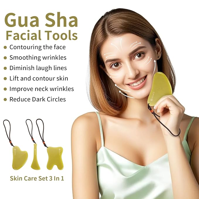 Gua Sha Facial Tool Set, Green Jade Stone Face Massager for Sculpting, Anti-Aging Skin Care Tools with Amethyst Facial Roller for Lymphatic Drainage, Beauty Gift for Women