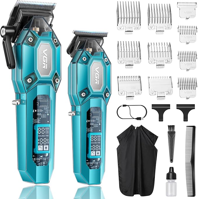 VGR Professional Hair Clippers for Men, Cordless Barber Clippers and Trimmers Set, Mens Hair Cutting Kit with 10 Guide Combs, USB Rechargeable Haircut Machine for Family, LED Display, Green