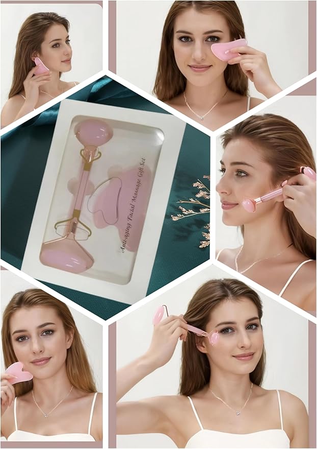 Jade Roller Massage Stick & Gua Sha Set - 100% Natural Stone Facial Massage Tools for Lymphatic Drainage, Anti-Puffiness & Glowing Skin, Spa-Quality Skincare, Gift-Ready Packaging