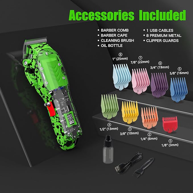 Professional Hair Clippers for Men, Cordless Barber kit for Hair Cutting & Grooming, Green Hair Clippers Set for Barber Haircut with LED Display 8 Fade Taper Combs