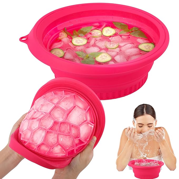 Ice Bowl for Facial Cold Bath Foldable Silicone Washbasin with Built-in Icetray Collapsible Travel Facial Plunge Bowl for Face Icebath