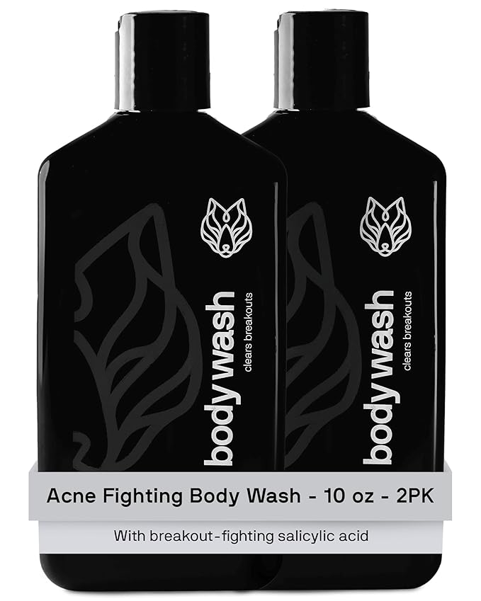 Black Wolf Salicylic Acid Body Wash for Men - 10 Fl Oz, 2-Pack - Men's Acne Body Wash - Charcoal Helps Reduce Acne Breakouts & Cleanse Your Skin - Full Coverage & Deep Clean Treatment - Men's Bodywash