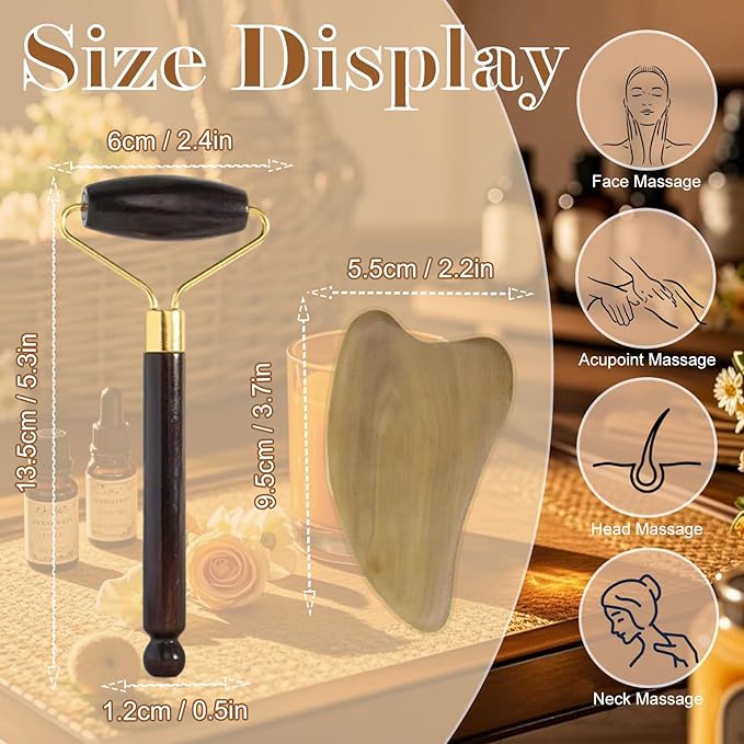 Wooden Gua Sha Facial Massage Tool and Roller Set, Facial Massager for Face, Neck, Eyes, Reduces Puffiness, Improves Wrinkles, Suitable for Women Care, Great Mother's Day Gift for Mom, Grandma