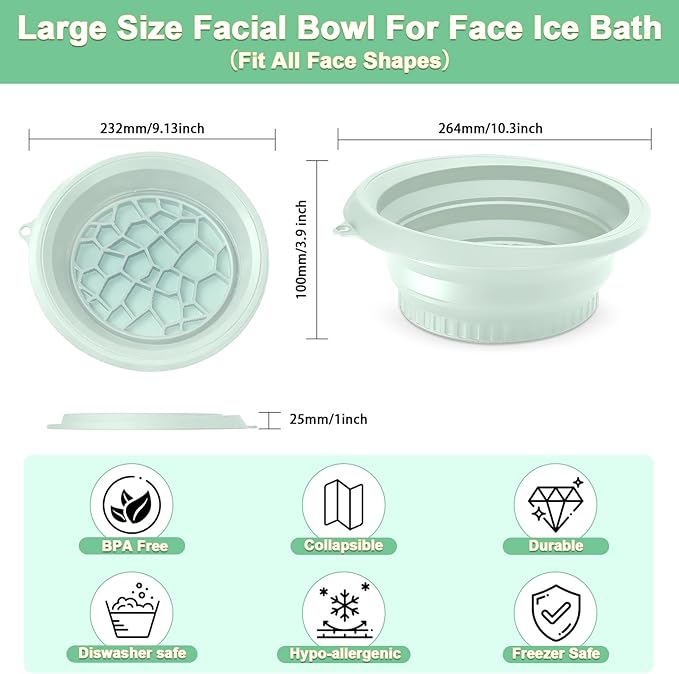 Face Bowl for Ice with Built-in Ice Tray, Collapsible Facial Ice Bath Bowl for Skin Tightening, Acne Relief Cold Plunge Therapy, Portable Spa Tool for Home & Travel (Green)