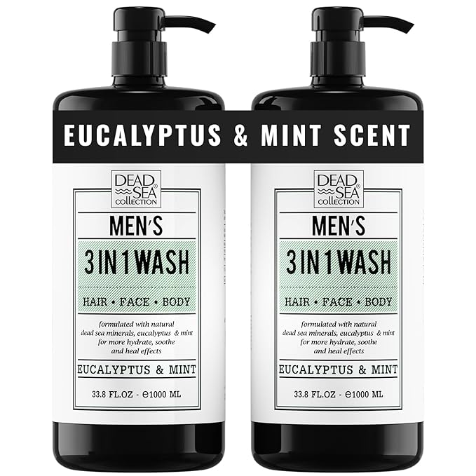 Dead Sea Collection Mens Body Wash 3 in 1 – Eucalyptus Body Wash for Men – Shower Gel – Shampoo – Shower Soap for Face and Hair – Pack of 2 Bottles (33.8 Fl. Oz. Each)