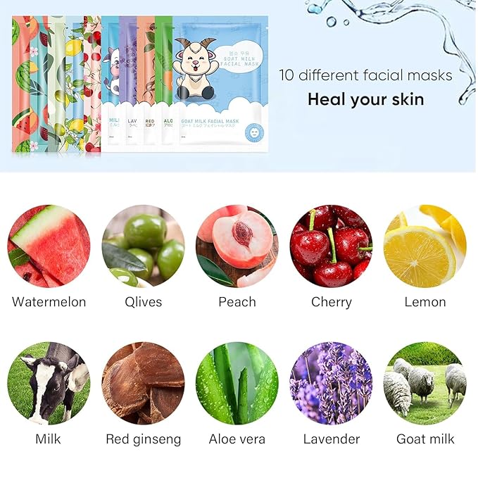 30 Sheets Face Masks Skincare for All Skin Types, Hydrating Face Masks Suitable for All Skin Types, Sheet Masks with Natural Ingredients, Facial Masks for Women Skin Care, Face Mask for Spa