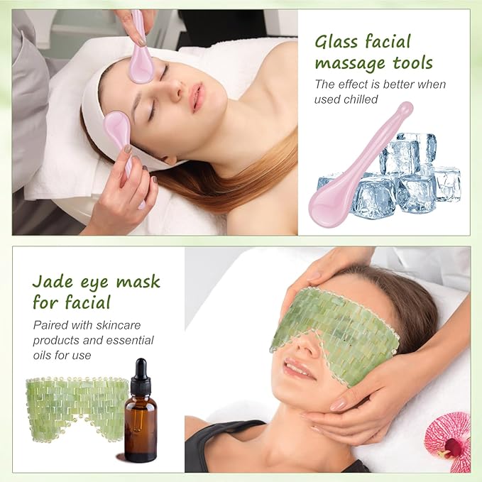 4 Pcs Jade Eye Mask & Skin-Safe Glass Facial Massage Tool, Jade Cooling Mask & Gua Sha Therapy Roller for Skincare Relieve Puffiness, Anti-Aging, Stress Relief