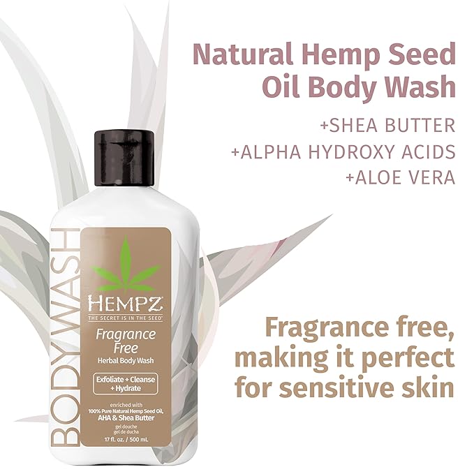 Hempz Body Wash - Fragrance Free - Hydrating for Sensitive Skin, Scented, Exfoliating with Shea Butter, Pure Hemp Seed Oil, and Algae for Sensitive Skin - 17 fl oz