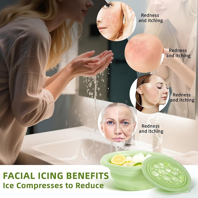 Face Bowl for Ice with Built-in Icetray, Silicone Ice Facial Folding Washbasin, Facial Plunge Bowl, Face Icebath at Home (Green)